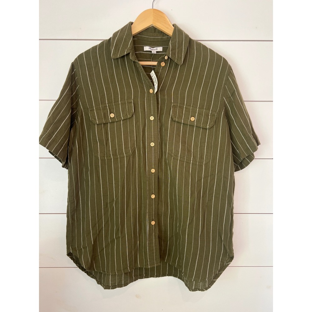NWT Madewell Green Stripe Short Sleeve Button Up Cotton Shirt Cottagecore Small